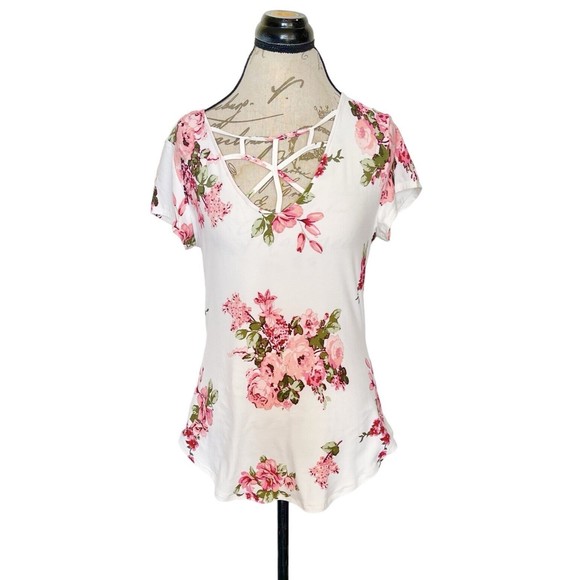 No Boundaries Blouse Size Large Size 11-13 Floral Short Sleeve Crochet Cut Out - Picture 5 of 12